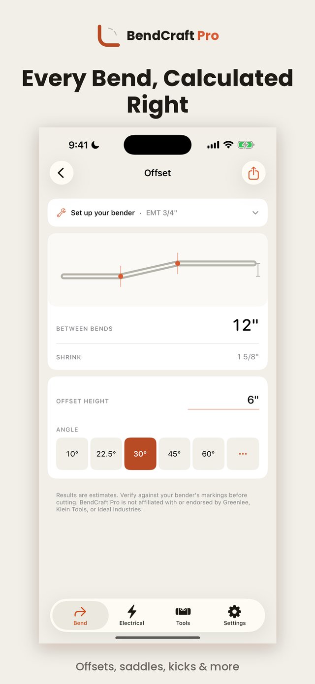 BendCraft Pro offset bend calculator screen showing bend marks, travel, and shrink with a live diagram